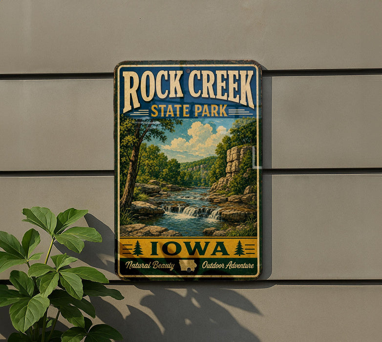 A vintage-style sign for Rock Creek State Park in Iowa, featuring a scenic landscape with a waterfall and lush greenery.