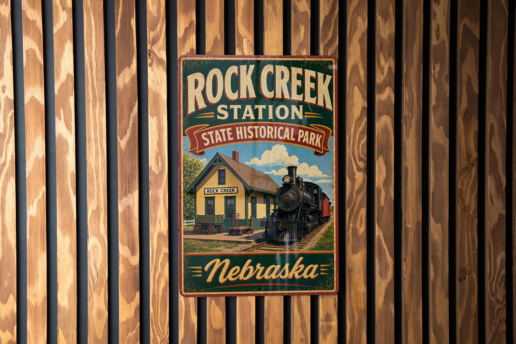 A vintage-style metal sign for Rock Creek Station, a State Historical Park in Nebraska, featuring a train and a building.