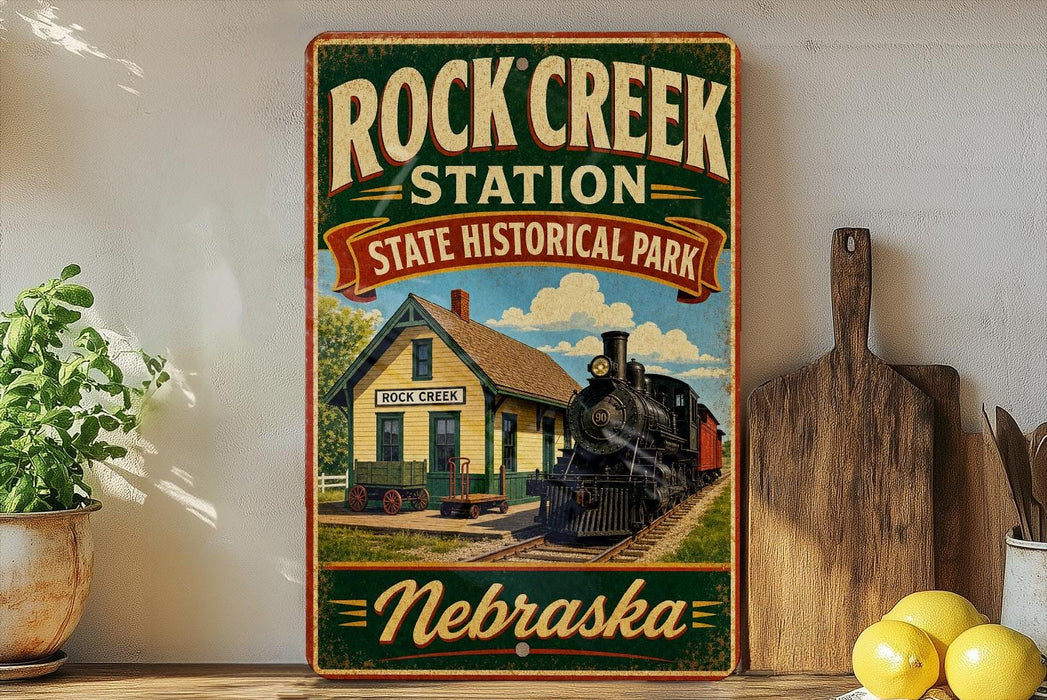 A vintage-style sign for Rock Creek Station, a State Historical Park in Nebraska, featuring an illustration of a train station with a locomotive.