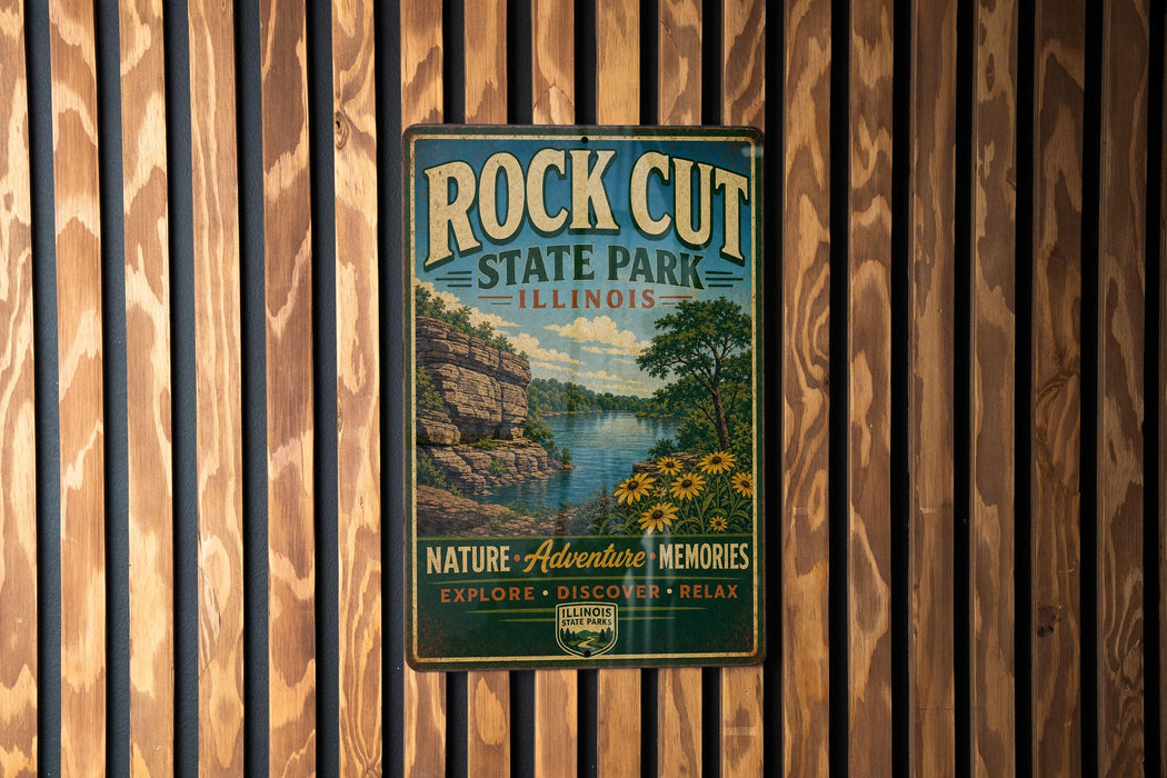 A vintage-style metal sign for Rock Cut State Park in Illinois, featuring a scenic landscape with a river, cliffs, and flowers.