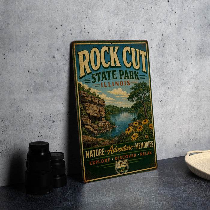 A vintage-style metal sign for Rock Cut State Park in Illinois, featuring a scenic landscape with a river, cliffs, and flowers.