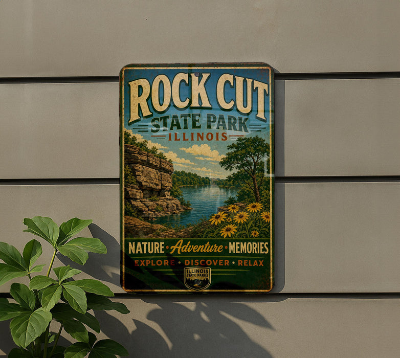 A vintage-style metal sign for Rock Cut State Park in Illinois, featuring a scenic landscape with a river, cliffs, and flowers.