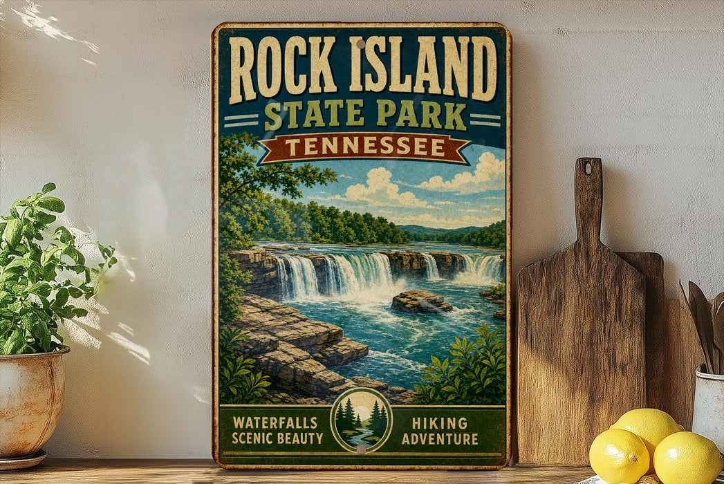 A vintage-style sign for Rock Island State Park in Tennessee, featuring a scenic waterfall and lush greenery.