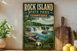 A vintage-style sign for Rock Island State Park in Tennessee, featuring a scenic waterfall and lush greenery.