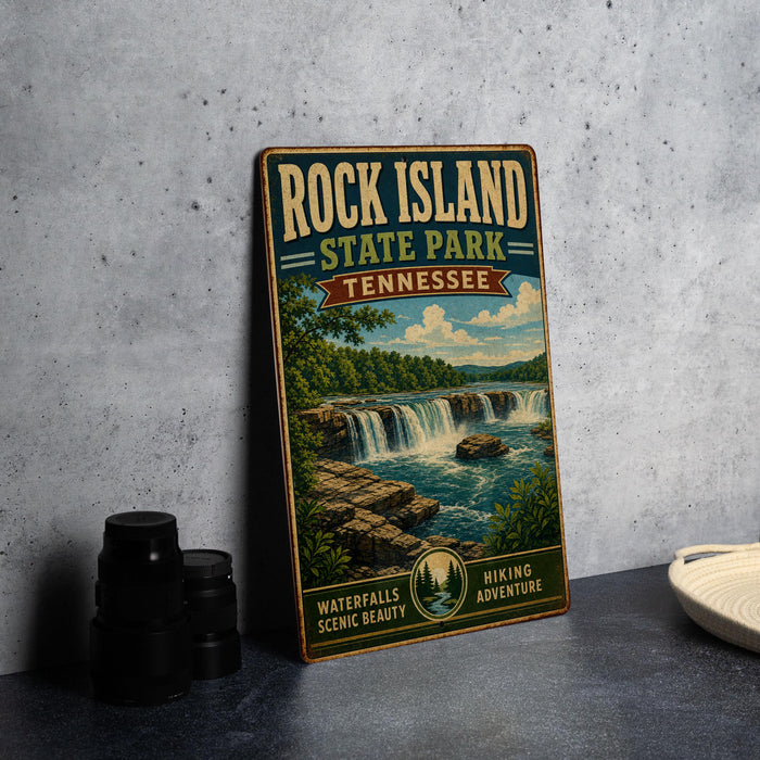 A vintage-style metal sign for Rock Island State Park in Tennessee, featuring a scenic waterfall landscape.