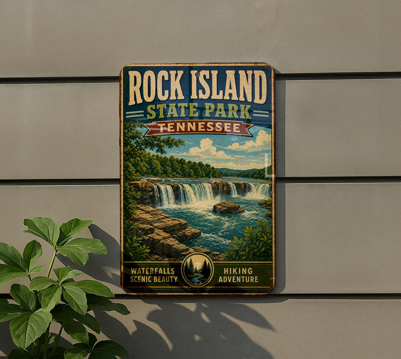 A vintage-style sign for Rock Island State Park in Tennessee, featuring a scenic waterfall and lush greenery.