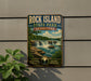 A vintage-style sign for Rock Island State Park in Tennessee, featuring a scenic waterfall and lush greenery.