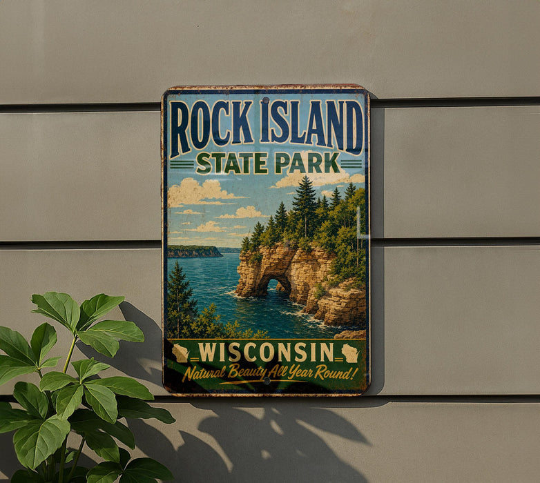 A vintage-style sign for Rock Island State Park in Wisconsin, featuring a scenic landscape with cliffs, water, and pine trees.