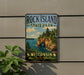 A vintage-style sign for Rock Island State Park in Wisconsin, featuring a scenic landscape with cliffs, water, and pine trees.