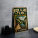 A vintage-style metal sign for Rock Island Trail State Park in Illinois, featuring a scenic illustration of a bridge and a river.