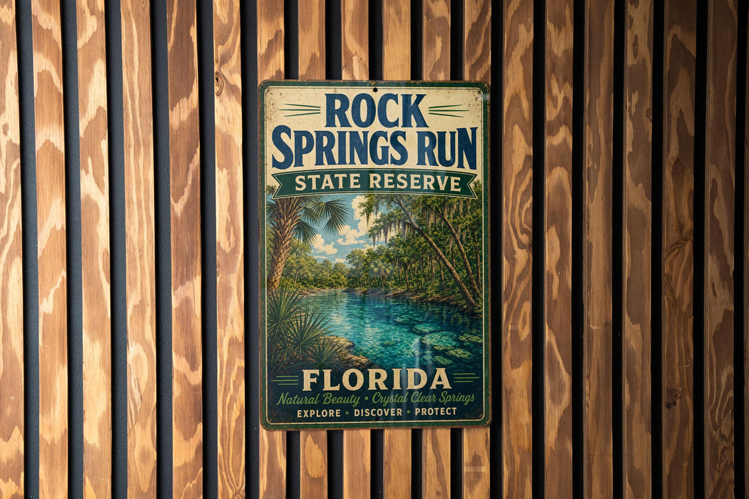 A vintage-style metal sign for Rock Springs Run State Reserve in Florida, featuring a tropical landscape with palm trees and a river.