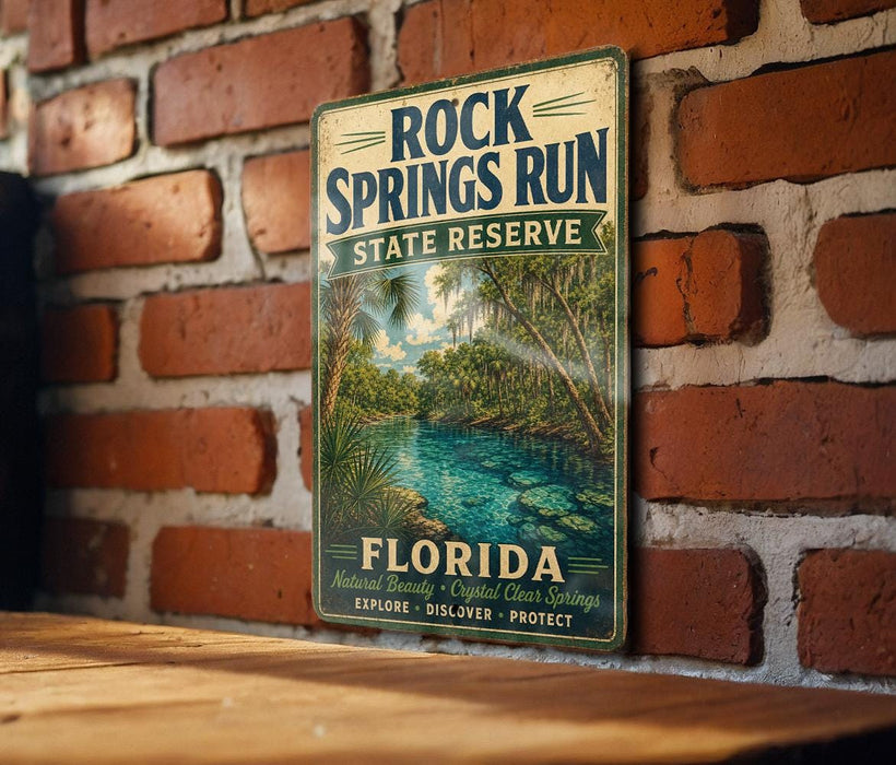 A vintage-style metal sign for the Rock Springs Run State Reserve in Florida, featuring a tropical landscape with palm trees and a river.