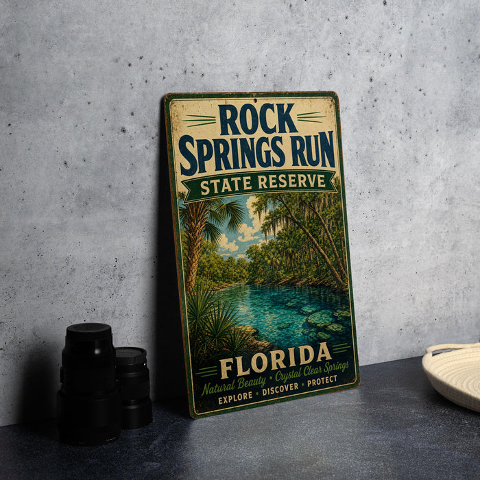A vintage-style metal sign for the Rock Springs Run State Reserve in Florida, featuring a scenic illustration of the natural beauty and clear springs of the area.