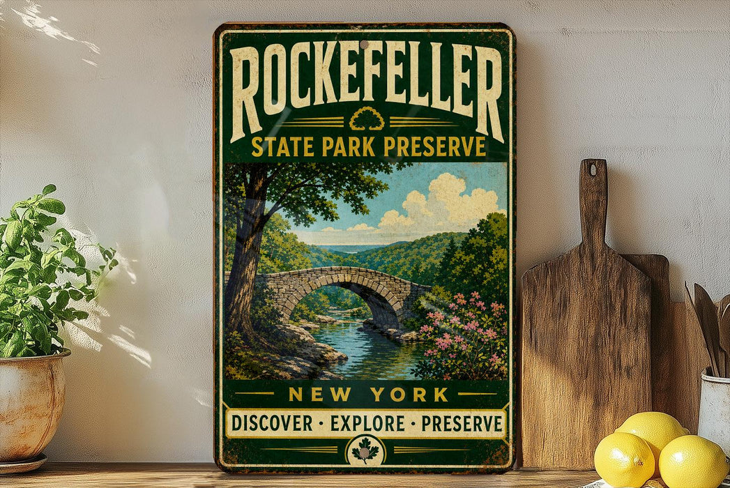 A vintage-style metal sign for the Rockefeller State Park Preserve in New York, featuring a scenic illustration of a stone bridge over a river surrounded by lush greenery.
