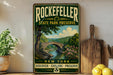 A vintage-style metal sign for the Rockefeller State Park Preserve in New York, featuring a scenic illustration of a stone bridge over a river surrounded by lush greenery.