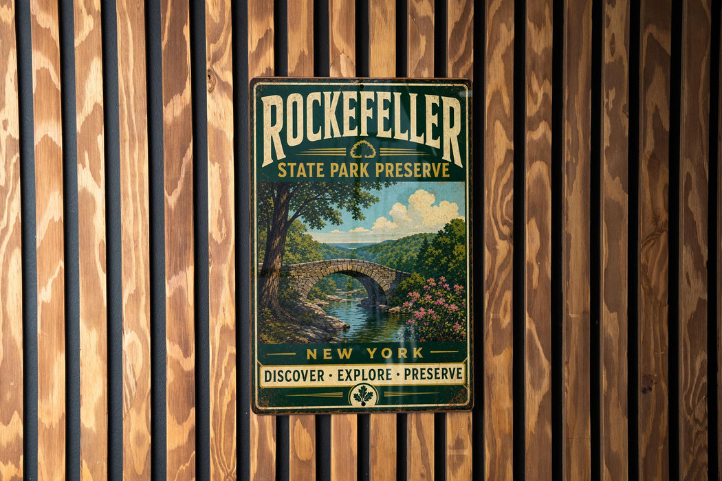 A vintage metal sign for Rockefeller State Park Preserve, featuring a scenic landscape with a bridge and trees, mounted on a wooden wall.