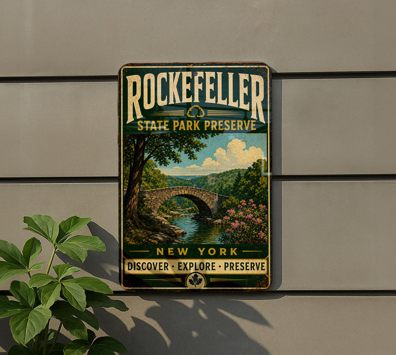 A vintage-style metal sign for the Rockefeller State Park Preserve, featuring a scenic landscape with a bridge and trees.