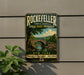 A vintage-style metal sign for the Rockefeller State Park Preserve, featuring a scenic landscape with a bridge and trees.