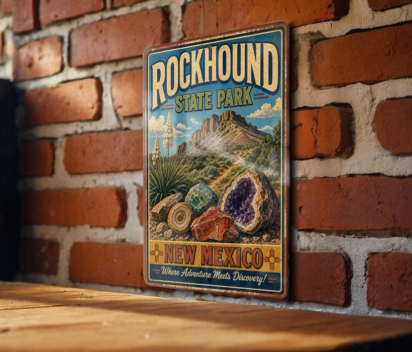 A vintage-style metal sign for Rockhound State Park, featuring an illustration of a desert landscape with a large rock formation and colorful minerals.