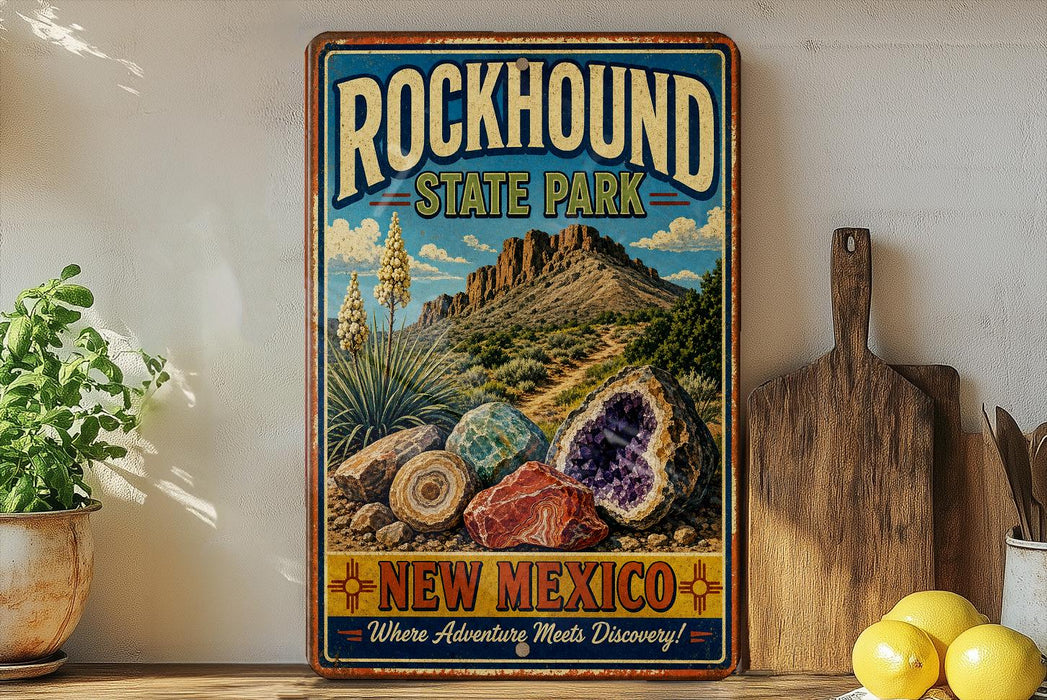 A vintage-style sign for Rockhound State Park in New Mexico, featuring a desert landscape with mountains, cacti, and colorful rocks.