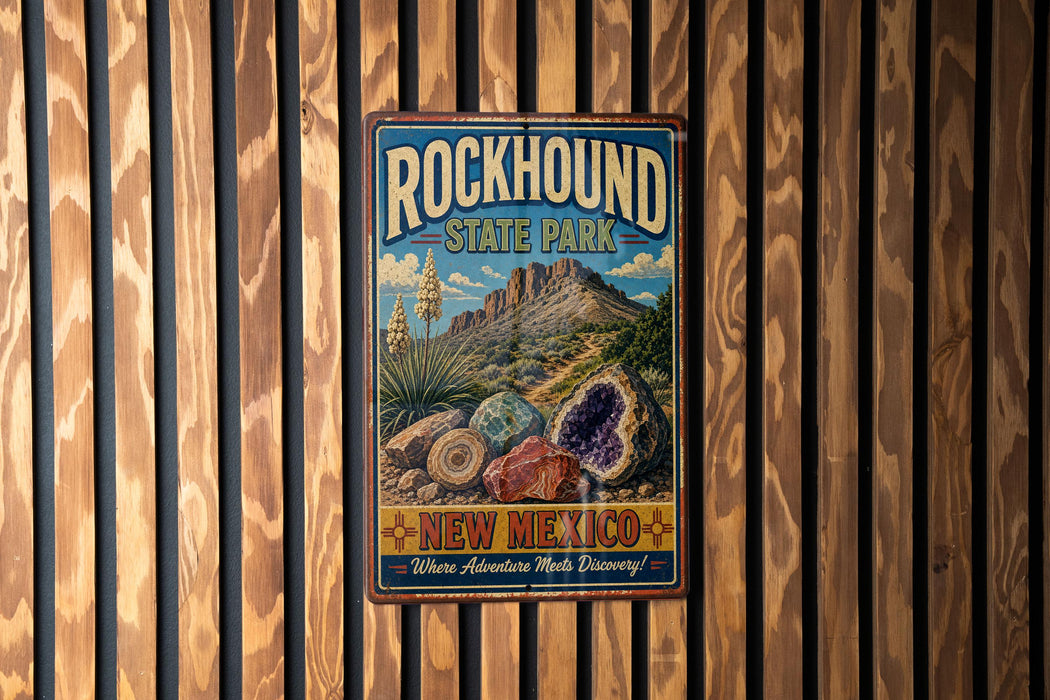 A vintage-style metal sign for Rockhound State Park in New Mexico, featuring a desert landscape with mountains and cacti.