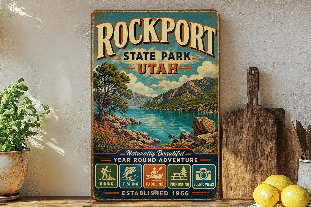 A vintage-style sign for Rockport State Park in Utah, featuring a scenic mountain landscape and water view.