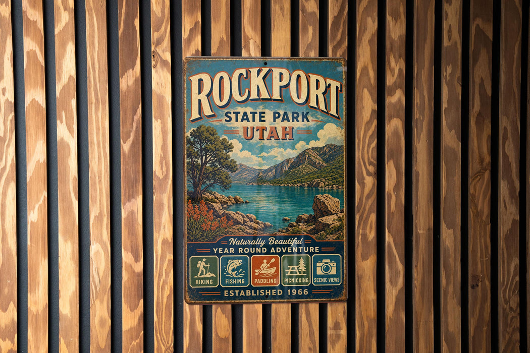 A vintage metal sign for Rockport State Park in Utah, featuring a scenic landscape with mountains, a lake, and a tree.