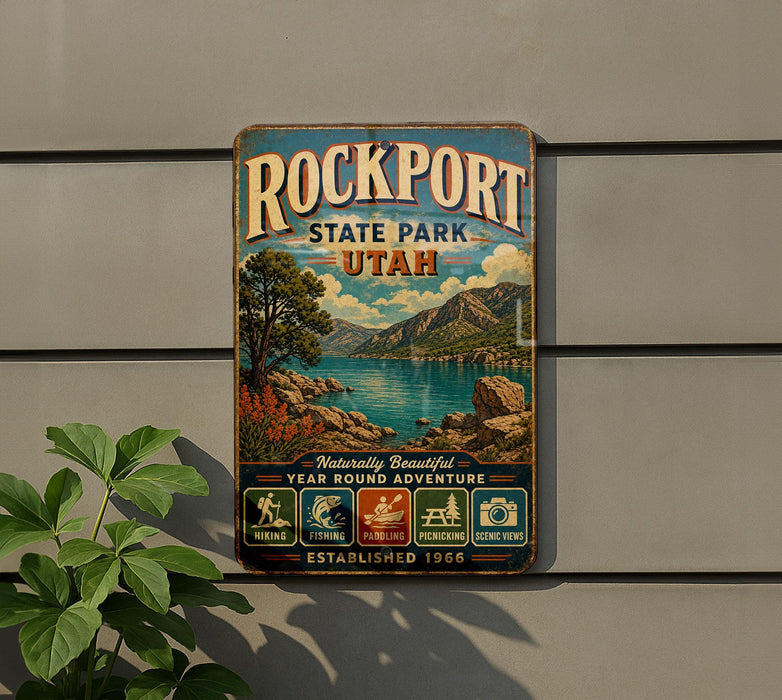 A vintage-style metal sign for Rockport State Park in Utah, featuring a scenic landscape with mountains, water, and a lake.