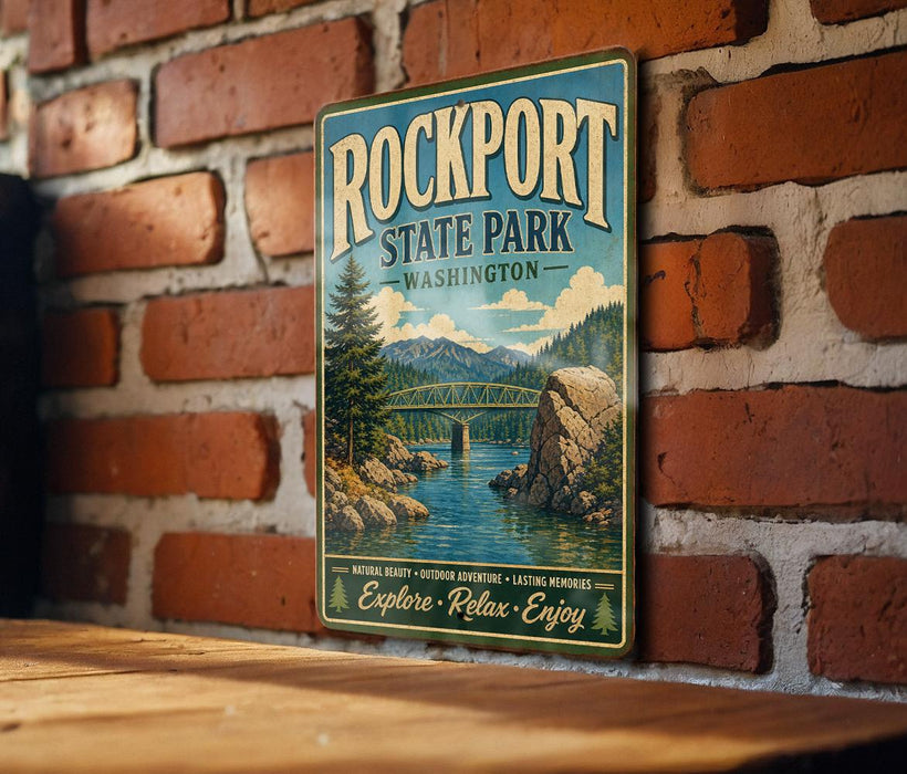 A vintage-style metal sign for Rockport State Park in Washington, featuring a scenic landscape with a bridge and mountains.