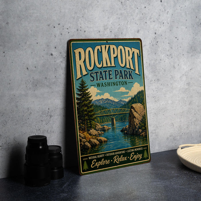 A vintage-style metal sign for Rockport State Park in Washington, featuring a scenic landscape with a bridge, trees, and water.