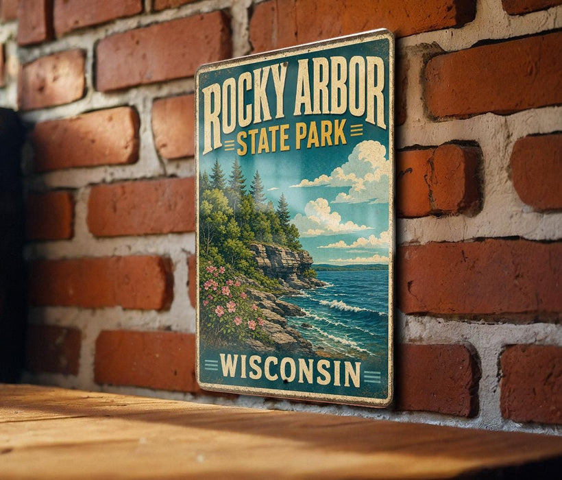 A vintage-style sign for Rocky Arbor State Park in Wisconsin, featuring a scenic landscape with a cliff, trees, and a body of water.