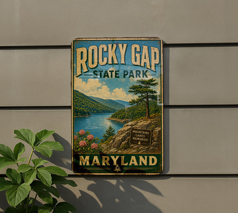 A vintage-style sign for Rocky Gap State Park in Maryland, featuring a scenic landscape with mountains, a lake, and a pine tree.