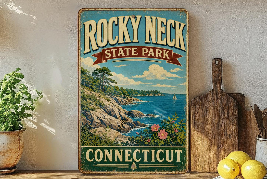 A vintage-style sign for Rocky Neck State Park in Connecticut, featuring a scenic landscape with a rocky coastline, a sailboat on the water, and a blue sky with clouds.