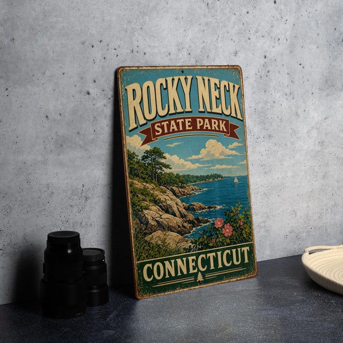 A vintage-style sign for Rocky Neck State Park in Connecticut, featuring a scenic landscape with a rocky coastline, a lake, and a sailboat.