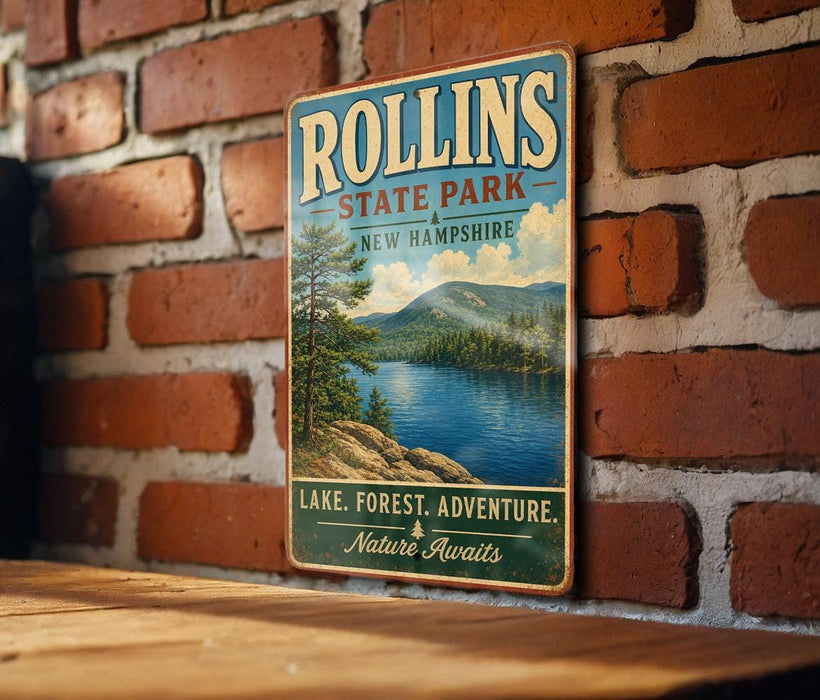 A vintage metal sign for Rollins State Park in New Hampshire, featuring a scenic image of a lake surrounded by mountains and pine trees.
