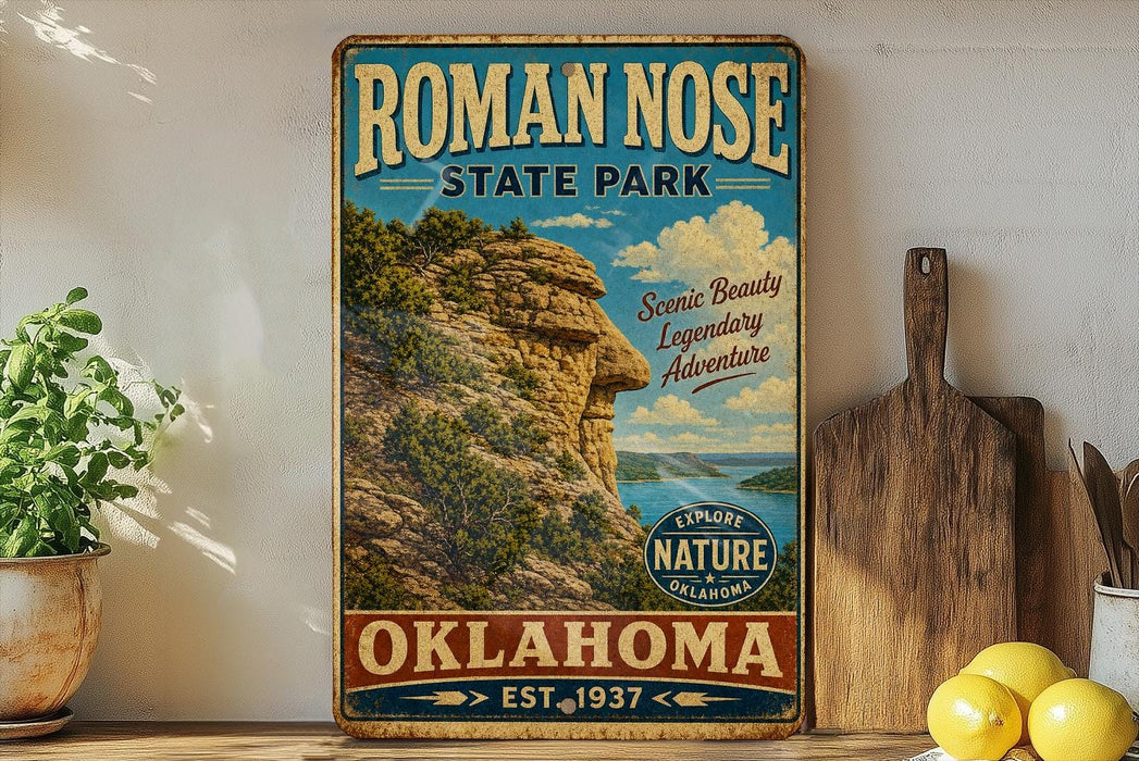 a vintage-style sign for Roman Nose State Park in Oklahoma, with a scenic mountain landscape and a blue sky in the background.