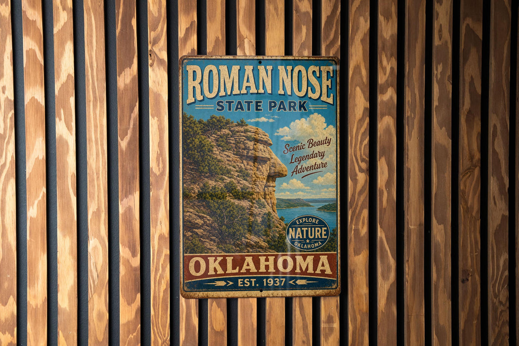 A vintage metal sign for Roman Nose State Park in Oklahoma, featuring a scenic image of a cliff and a blue sky with clouds.