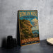 A vintage-style metal sign for Roman Nose State Park in Oklahoma, featuring a scenic landscape with a cliff and a lake.