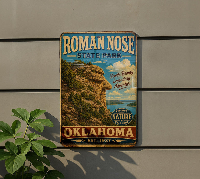 a vintage-style sign for Roman Nose State Park, with a scenic mountain landscape and the text "Roman Nose State Park" prominently displayed.