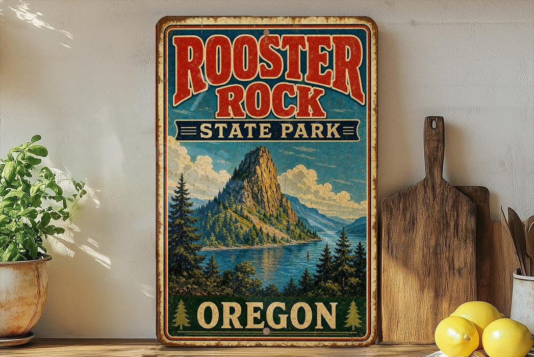 A vintage-style sign for Rooster Rock State Park in Oregon, featuring a mountain landscape and a lake, is displayed on a shelf next to a wooden cutting board and some lemons.