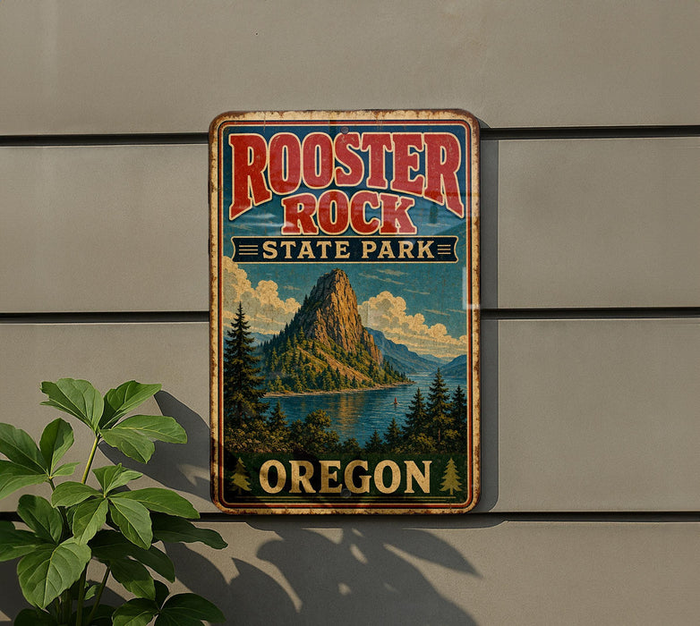 A vintage-style metal sign for Rooster Rock State Park in Oregon, featuring a scenic mountain landscape with a lake and pine trees.
