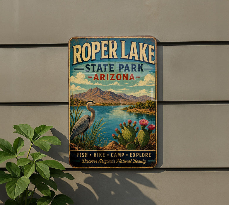 A vintage-style metal sign for Roper Lake State Park in Arizona, featuring a scenic landscape with mountains, a lake, and various plants and wildlife.