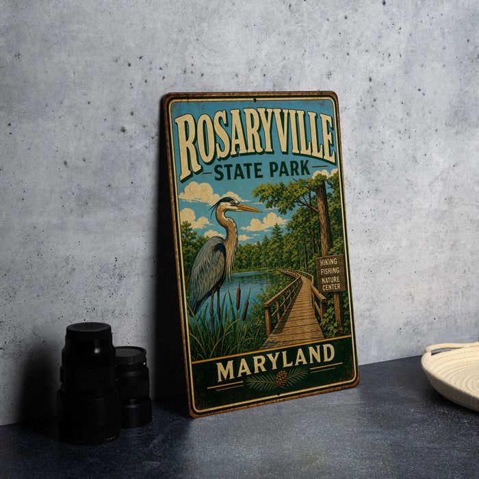 A vintage metal sign for Rosaryville State Park in Maryland, featuring an illustration of a bird and a wooden bridge over a river.