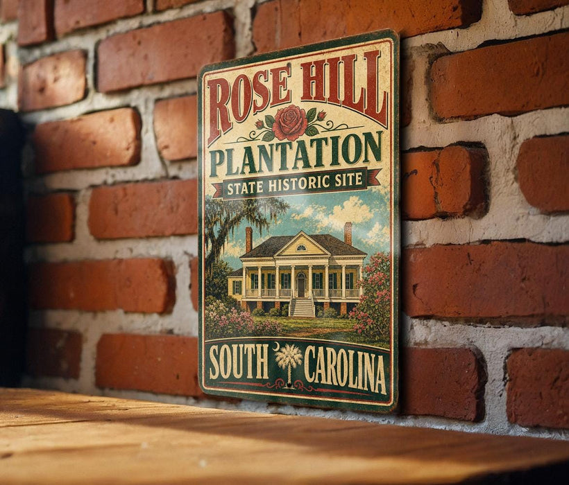 A vintage-style metal sign for Rose Hill Plantation, a historic site in South Carolina, is displayed on a brick wall.