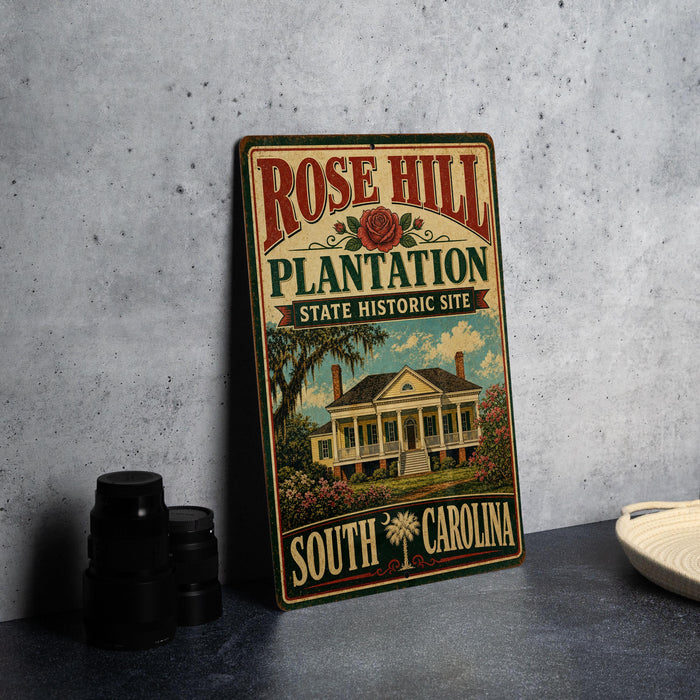 A vintage-style metal sign for the Rose Hill Plantation State Historic Site in South Carolina, featuring an illustration of a plantation house surrounded by palm trees and flowers.