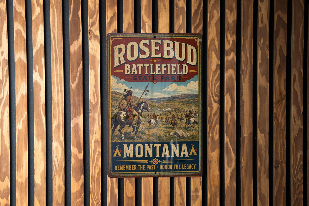 A vintage metal sign for Rosebud Battlefield State Park in Montana, featuring a cowboy on horseback and the text "Remember the past, honor the legacy".