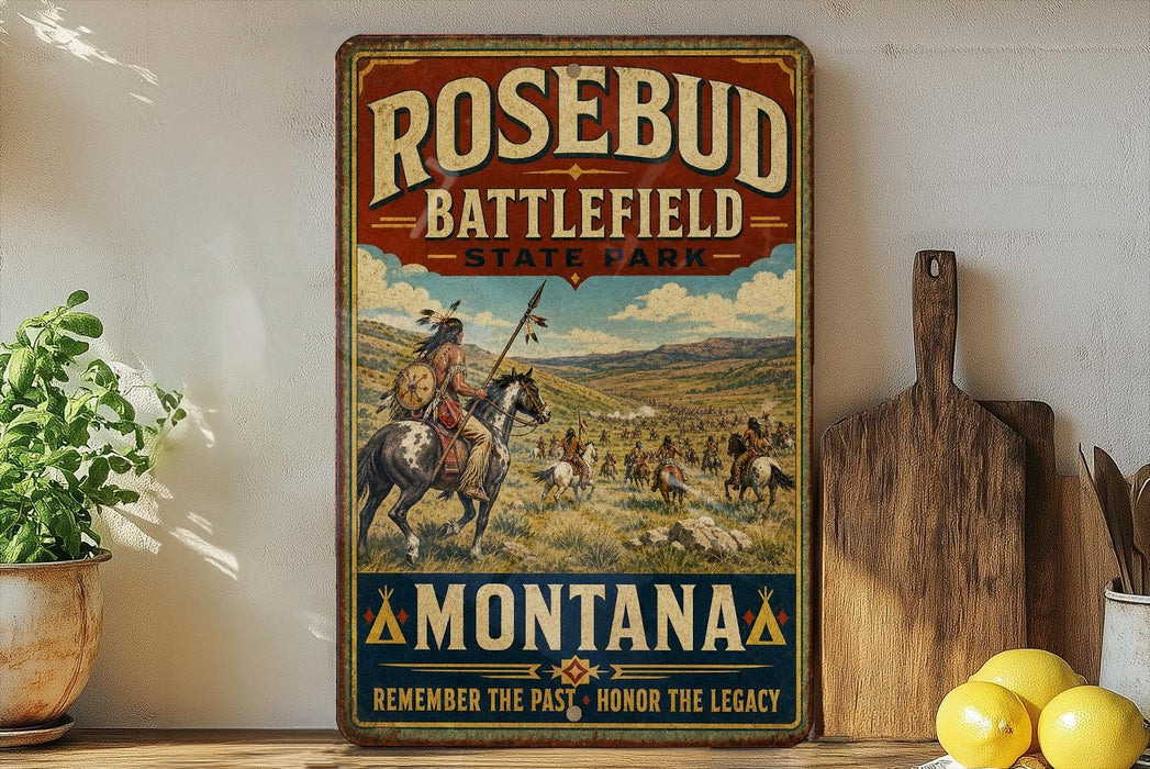 A vintage-style metal sign for Rosebud Battlefield State Park in Montana, featuring a painting of Native American people on horseback in a field.