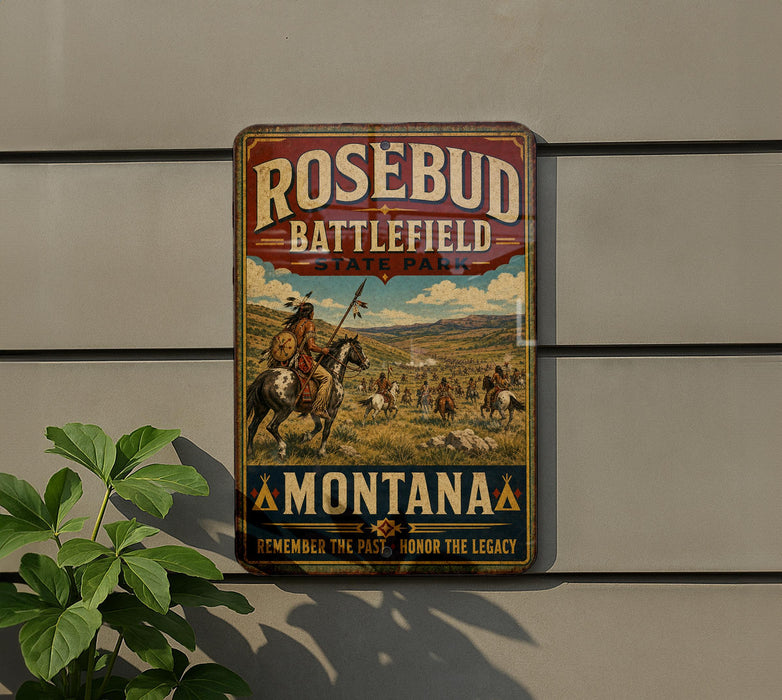 A vintage metal sign for Rosebud Battlefield State Park in Montana, featuring a cowboy on horseback and a scenic landscape.