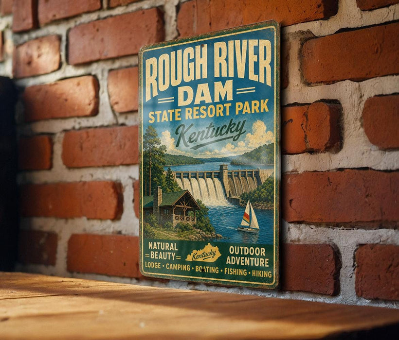 A vintage-style metal sign for Rough River Dam State Resort Park in Kentucky, featuring a scenic illustration of a dam, cabin, and boats.