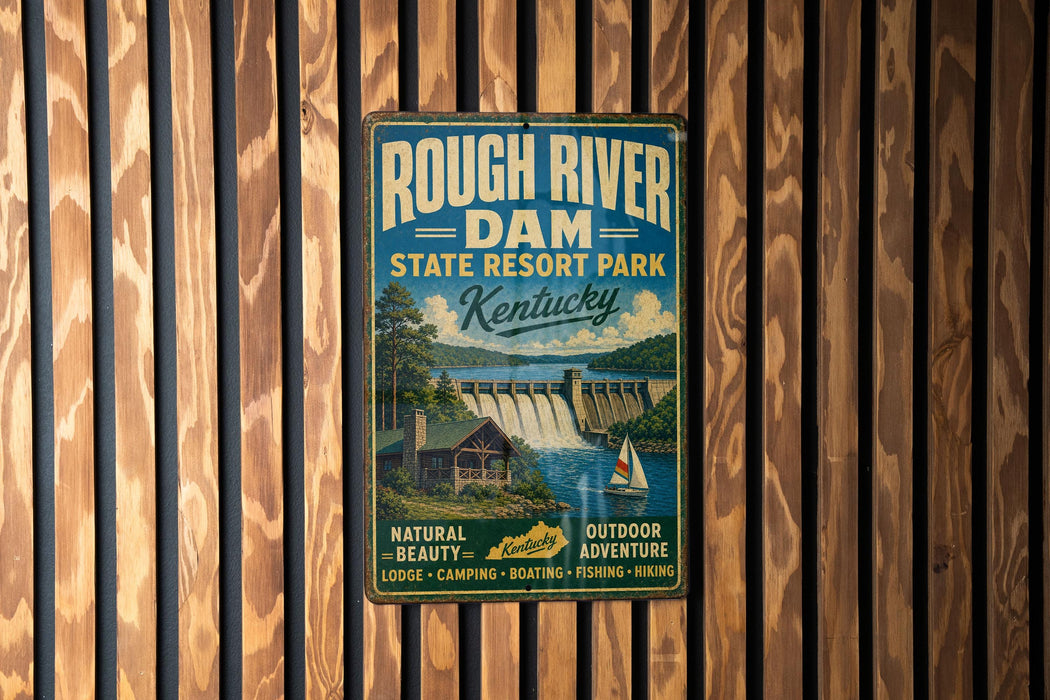A vintage metal sign for Rough River Dam State Resort Park in Kentucky, featuring a scenic image of a waterfall and a cabin.